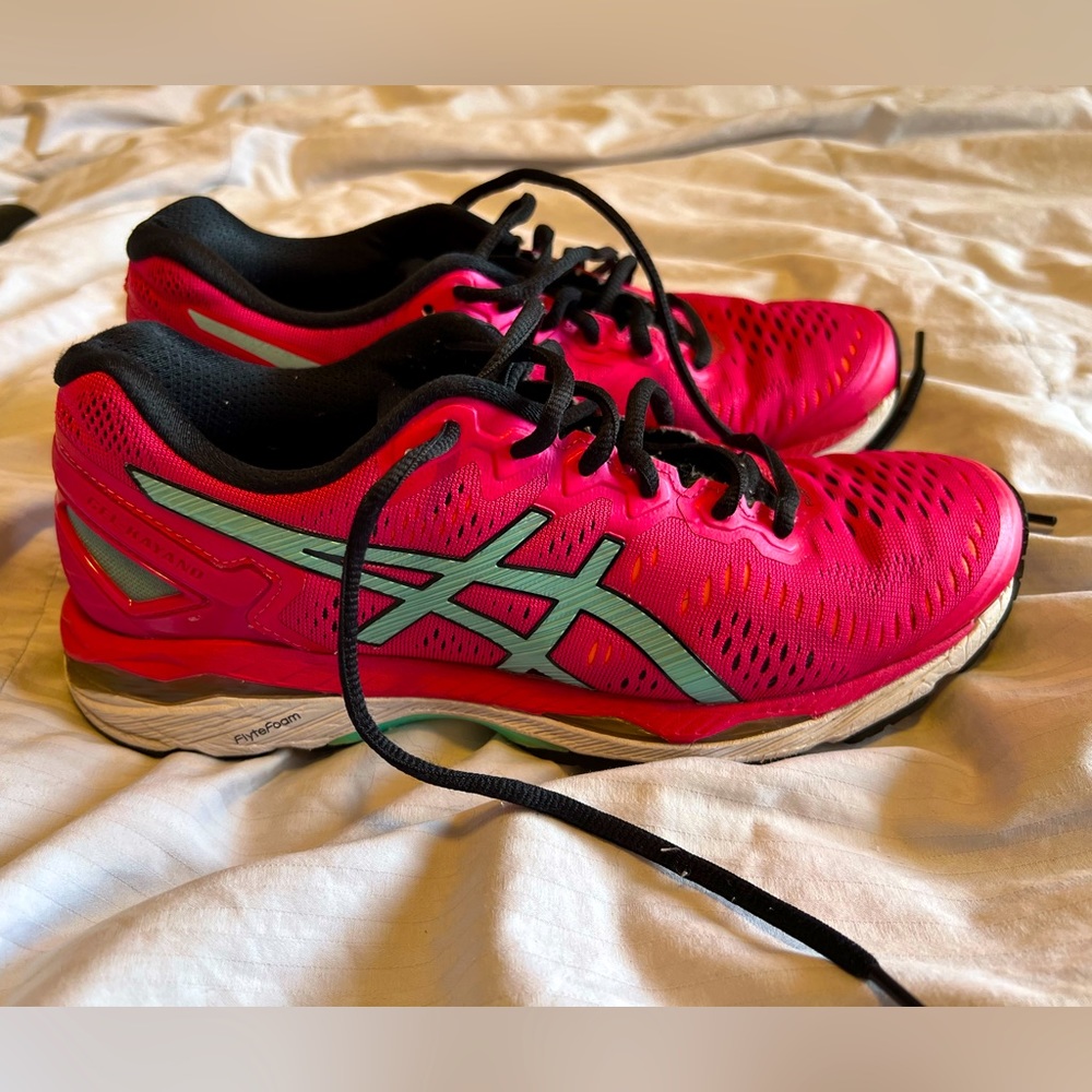 Pink ASICS Gel Kayano running shoes 9